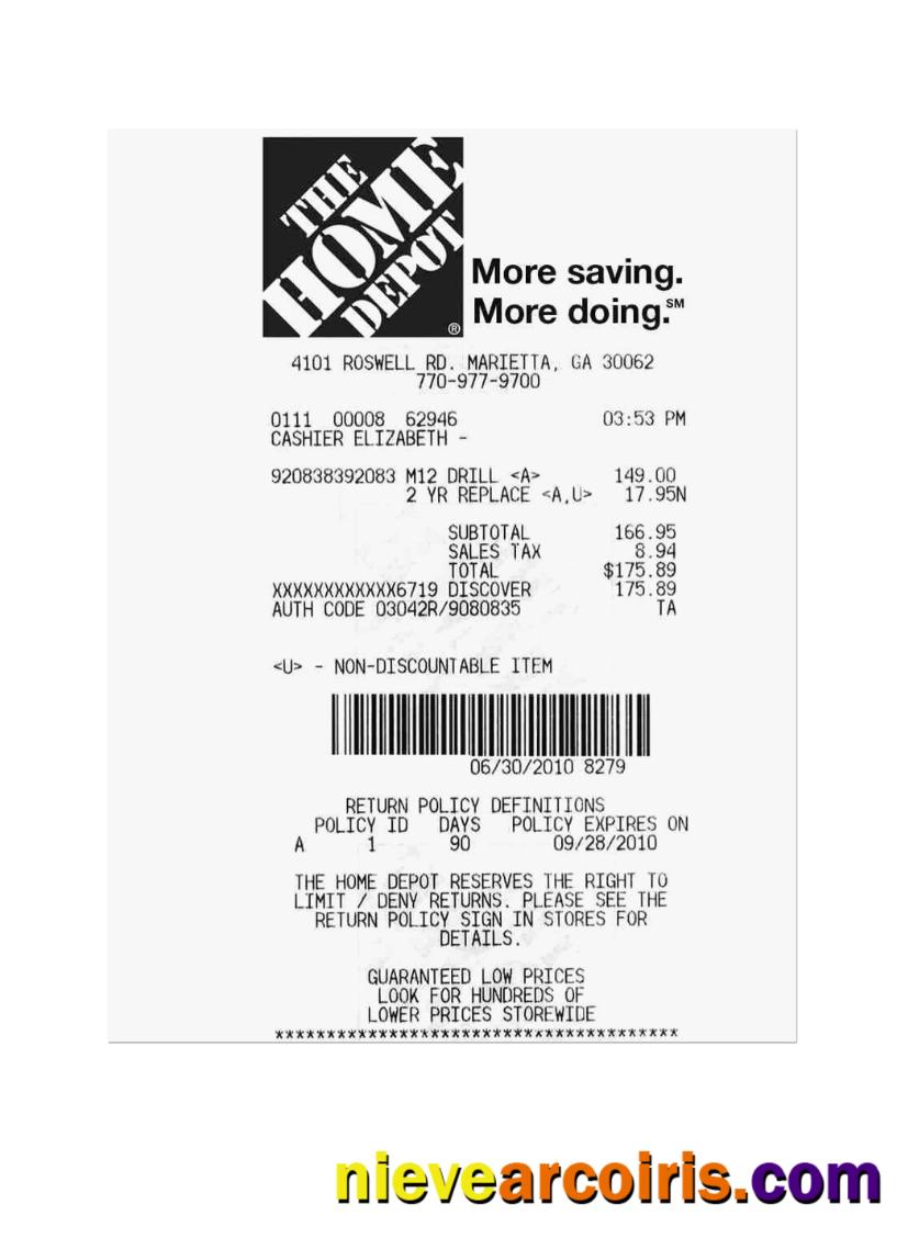 THE HOME DEPOT payment receipt